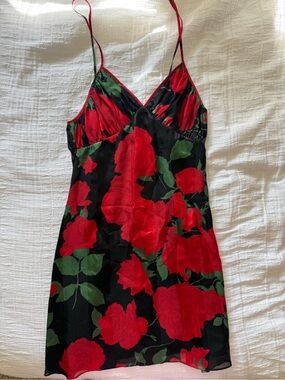 Saint Laurent Black Slip Dress with Red Floral Print